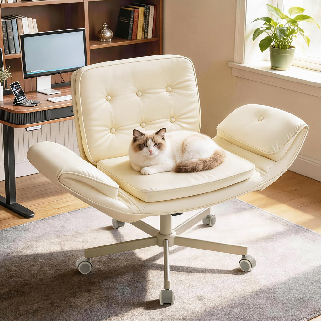 Criss Cross Chair with Wheels & Armrests, Scratch-Resistant PU Leather Vanity Chair, Comfy Wide Height Adjustable Computer Office Desk Chair for Home Office, Make Up, Bedroom (Cream)