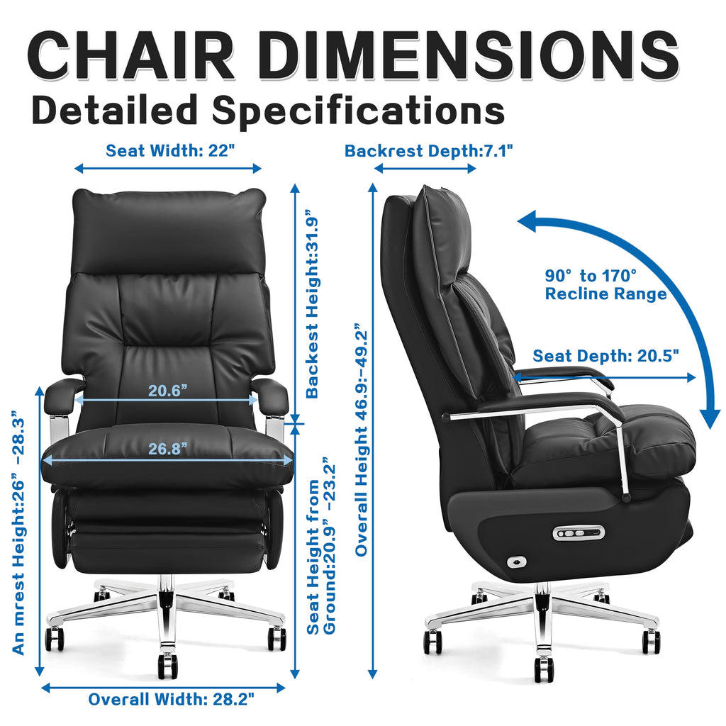 Dual Motor Executive Office Chair with Footrest, One-Touch Reset, 170° Reclining Wide Seat Ergonomic Leather Desk Chair, 450LBS Big and Tall for Home&Office (Black)