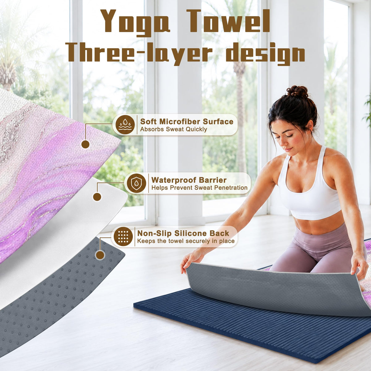 Yoga Mat Towel, Hot Yoga Towel High-Definition Pattern, Machine Washable with Ultra-Absorbent Yoga Towels for Hot Yoga Non Slip for Fitness, Exercise, Pilates, 72 x 27 in, Purple Ripples