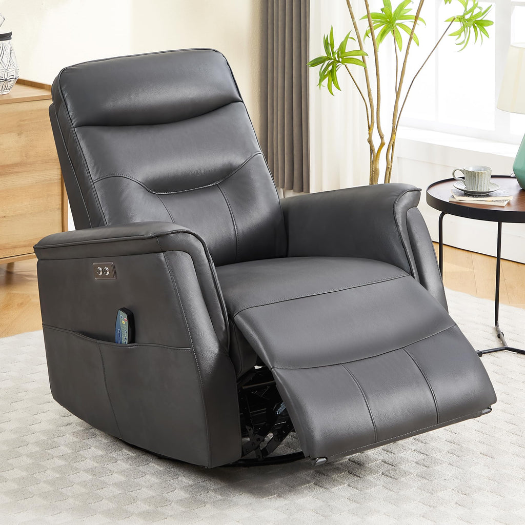 Recliner Chair for Adults, Power Faux Leather Rocker Recliner Massage and Heat, Oversized Swivel Reclining Nursery Chair with USB Ports for Living Room, Office Grey