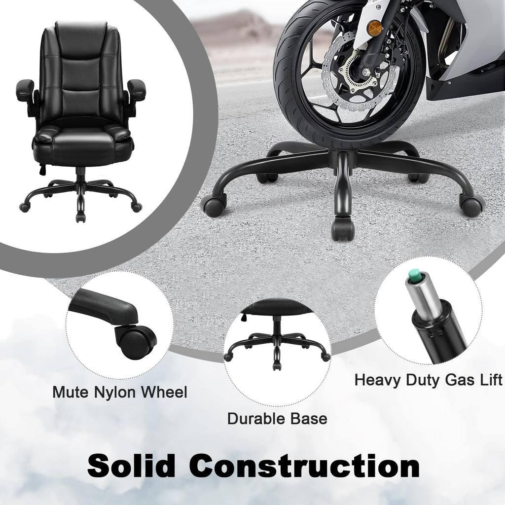 Leather Office Desk Chair,Ergonomic Office Chair with Lumbar Support,Computer Chair,Executive Leather Chair with Padded Flip-up Arm,Adjustable Armrests, Gray,275LBS