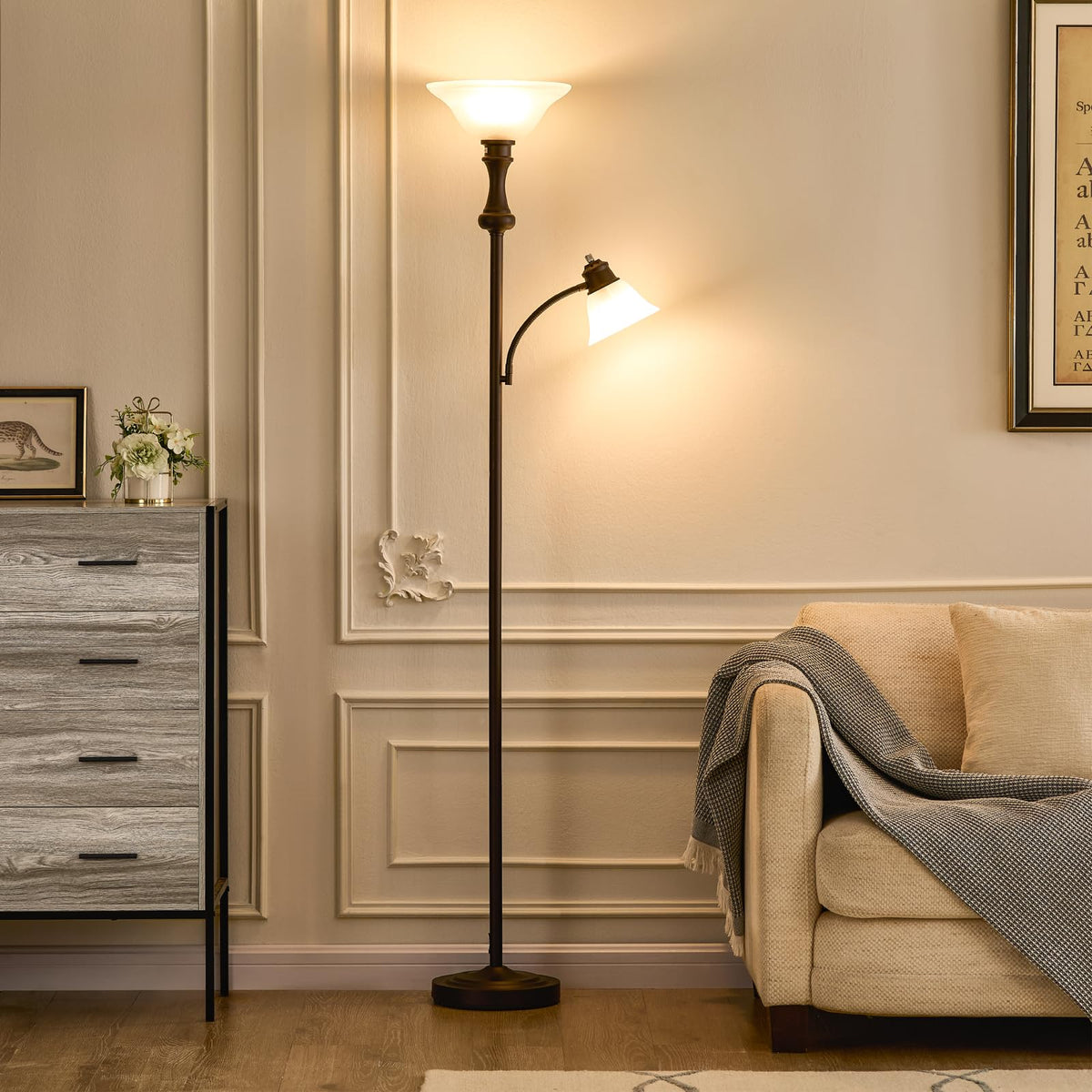 Torchiere Brown Floor Lamp with Adjustable Angle Reading Lamp-71IN
