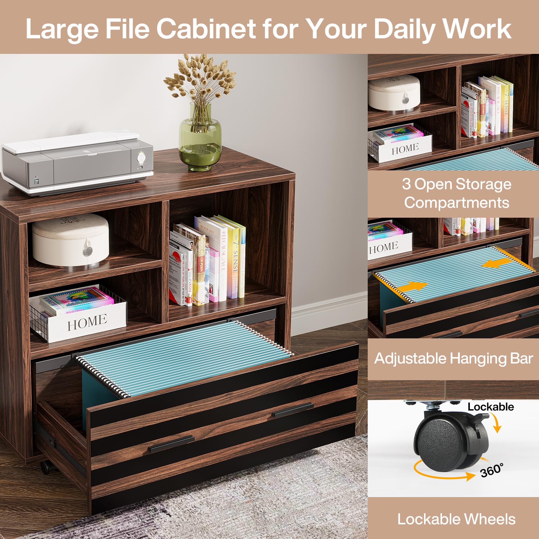 62.2" Executive Desk with Mobile File Cabinet, L-Shaped Office Desk with Storage Shelves, Large Computer Table Business Workstation Set for Home Office, Dark Brown