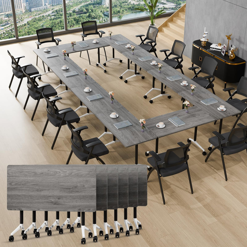Conference Room Tables White,Folding Rectangular Flip Top Conference Table with Wheels for Large Meeting Seminar Home Office Classr (6, Grey, 61in)