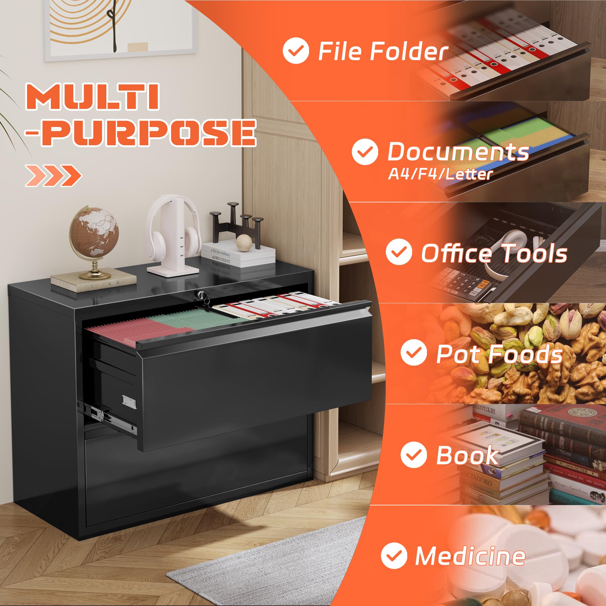 Lateral File Cabinet 2 Drawer, Black Metal File Cabinets for Home Office, Locking File Cabinet for Letter/Legal/F4/A4 Size, Easy Assembly