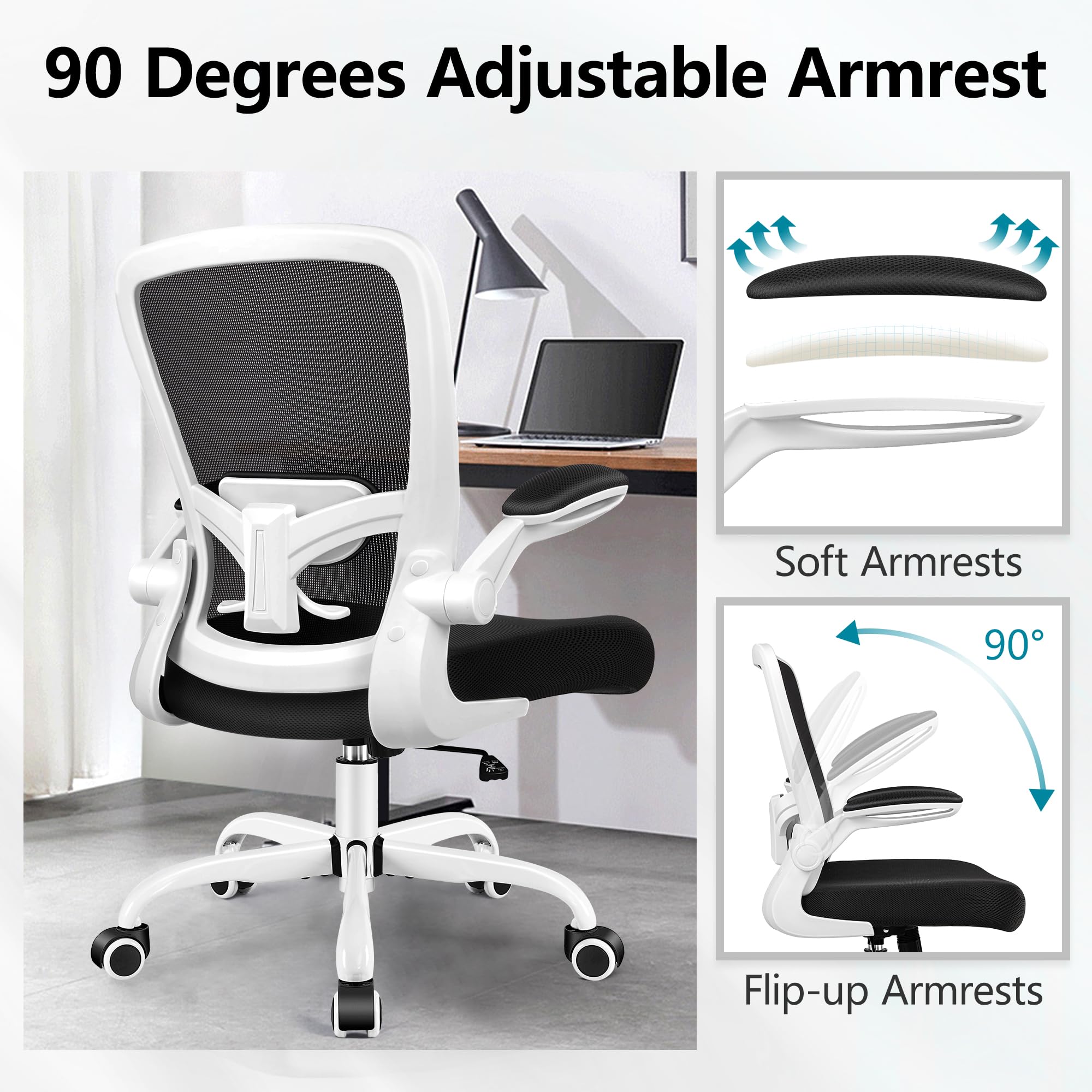 Office Chair, Ergonomic Desk Chair Breathable Mesh Chairs Adjustable High Back Lumbar Support Flip-up Armrests, Executive Rolling Swivel Comfy Computer Chairs Home Office White