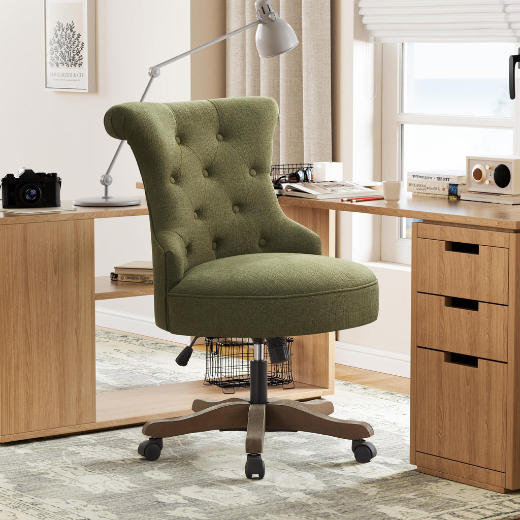 Home Office Chair Upholstered Armless Desk Chair with Wheels Adjustable Height Computer Desk Chair with Wooden Legs Comfortable Swivel Chair for Home Office Study Studio (Green)