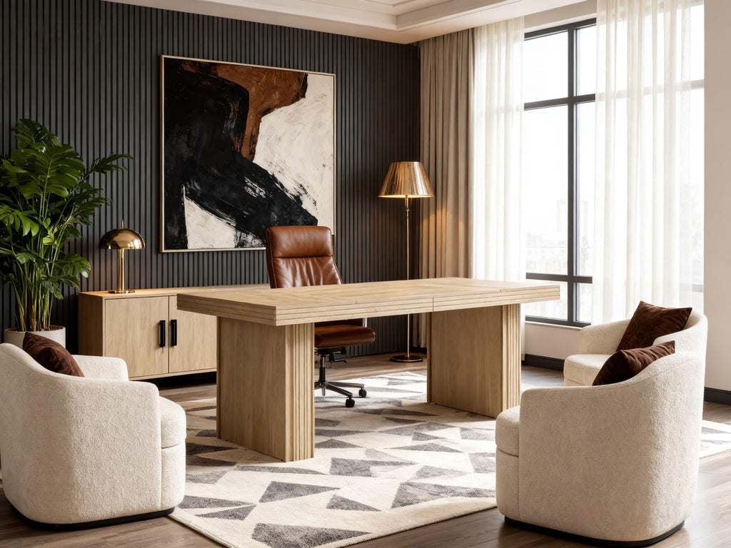 Modern Office Desk, Home Office Table with Wide Fluted Legs, Modern Desk for Home Office, Natural