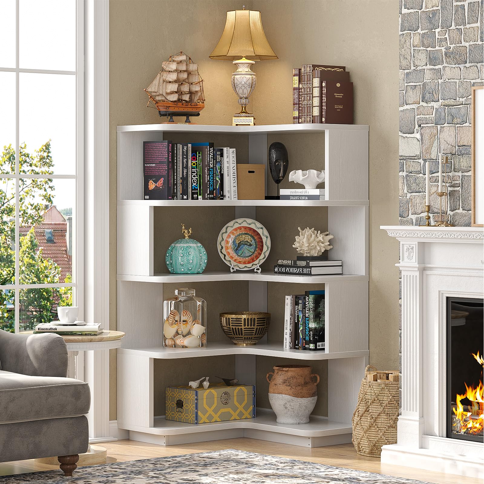 Corner Book Shelf - 5-Shelf L Shaped Corner Bookshelf with Baffle