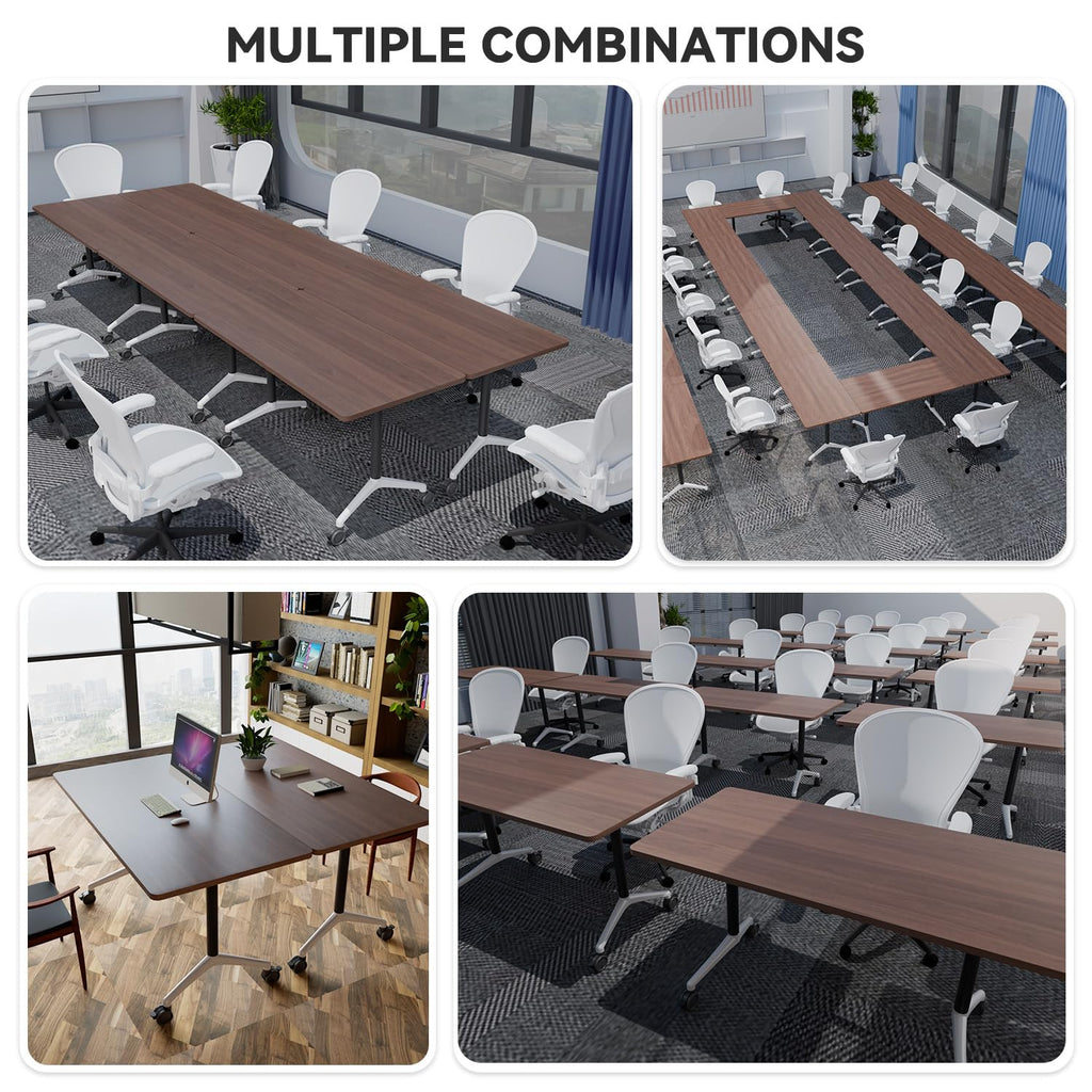 Conference Table,Folding Conference Room Tables with Wheels, 6ft Modular Training Tables for Office/Classroom/Meeting, Lockable 360° Silent Wheels＆Space Saving Stackable, Walnut Finish, 4 Pack