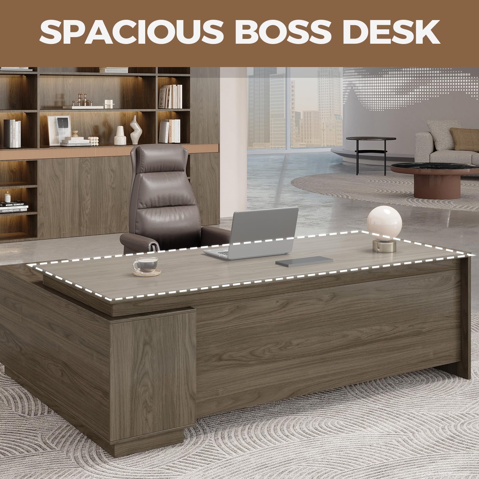 63" L-Shaped Executive Desk with Reversible Return, Compact Office Desk with Locking Drawers, Open Storage Cabinet, Cable Management Box, Front Privacy Panel, Walnut