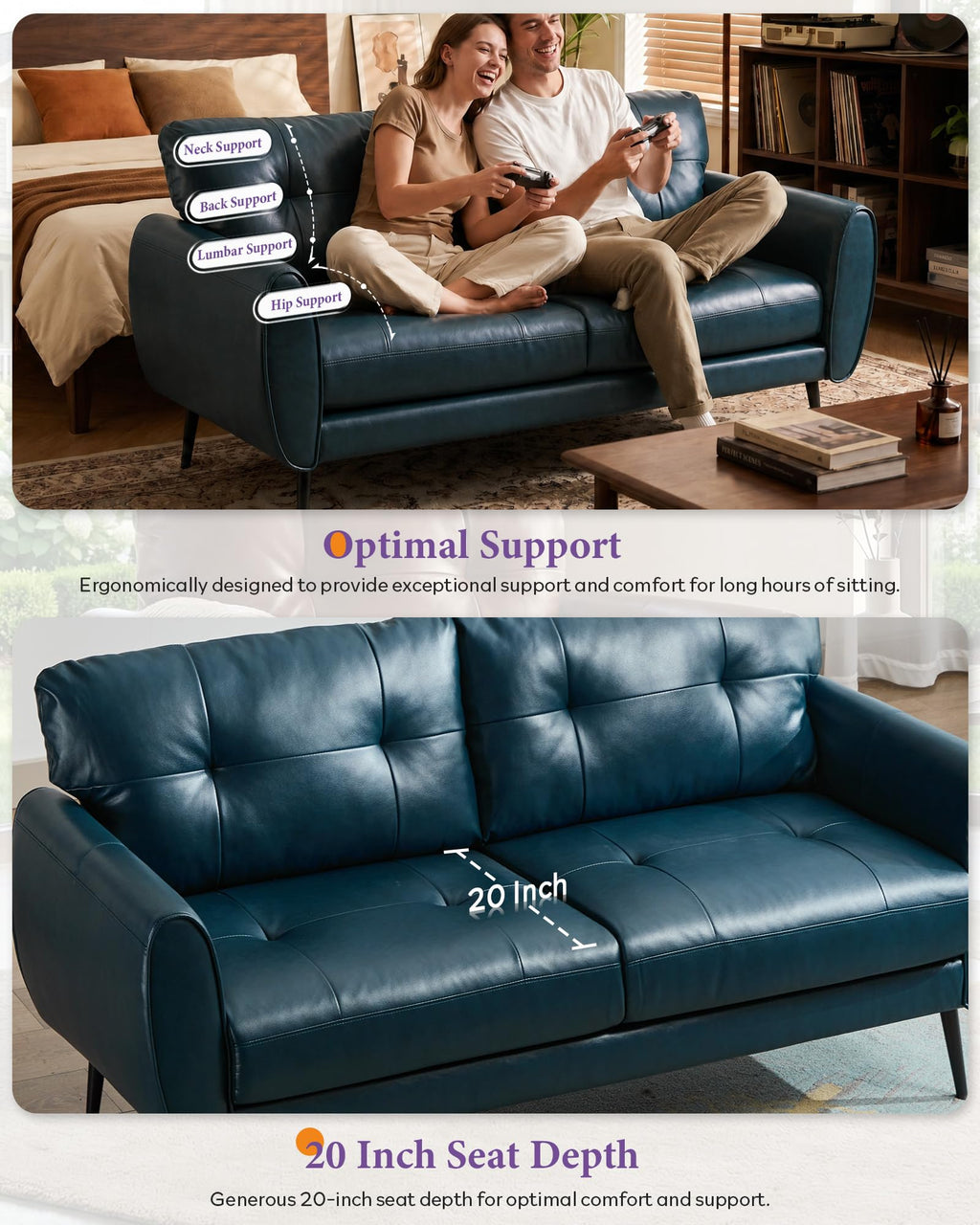 Sofa Couch 61" Small Loveseat Couches for Living Room Blue Leather Couch Mid Century Modern Tufted Mini Sofa Comfy Office 2 Seat Settee Love Seat for Small Spaces Bedroom