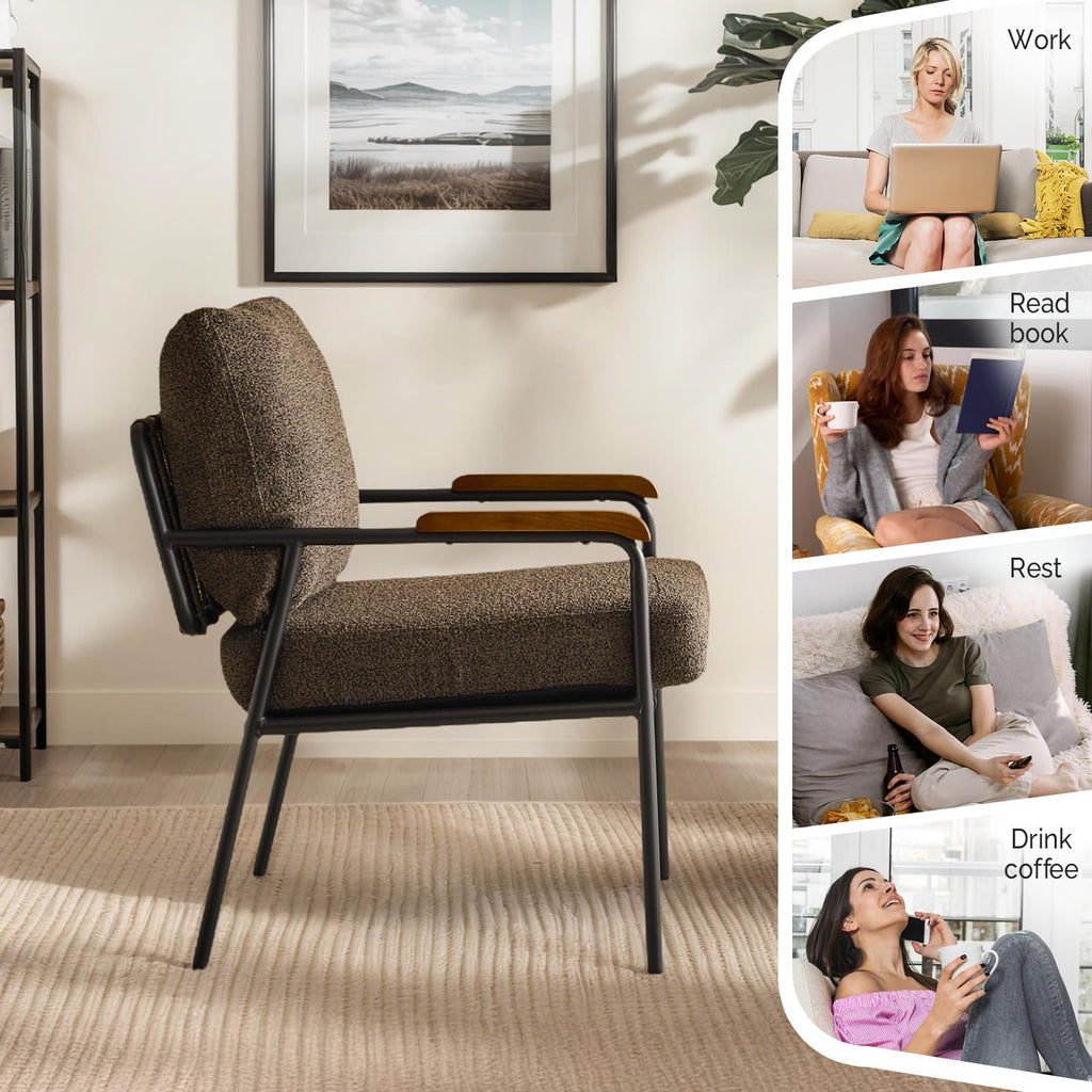 Mid-Century Modern Accent Armchairs Set of 2 for Office, Small Comfy Upholstered Leisure Reading Chairs with Wood Armrests for Office, Bedroom, Living Room, Waiting Room, Linen Expresso