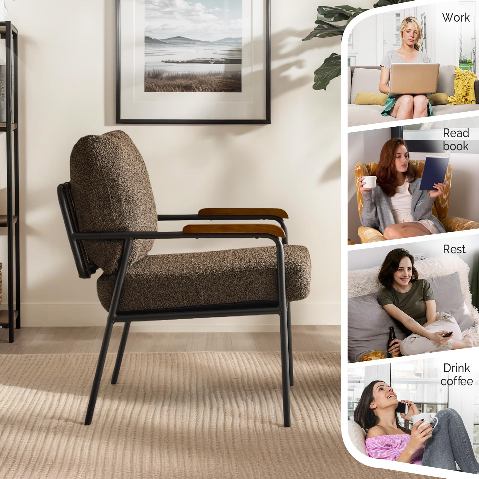Mid-Century Modern Accent Armchairs Set of 2 for Office, Small Comfy Upholstered Leisure Reading Chairs with Wood Armrests for Office, Bedroom, Living Room, Waiting Room, Linen Expresso