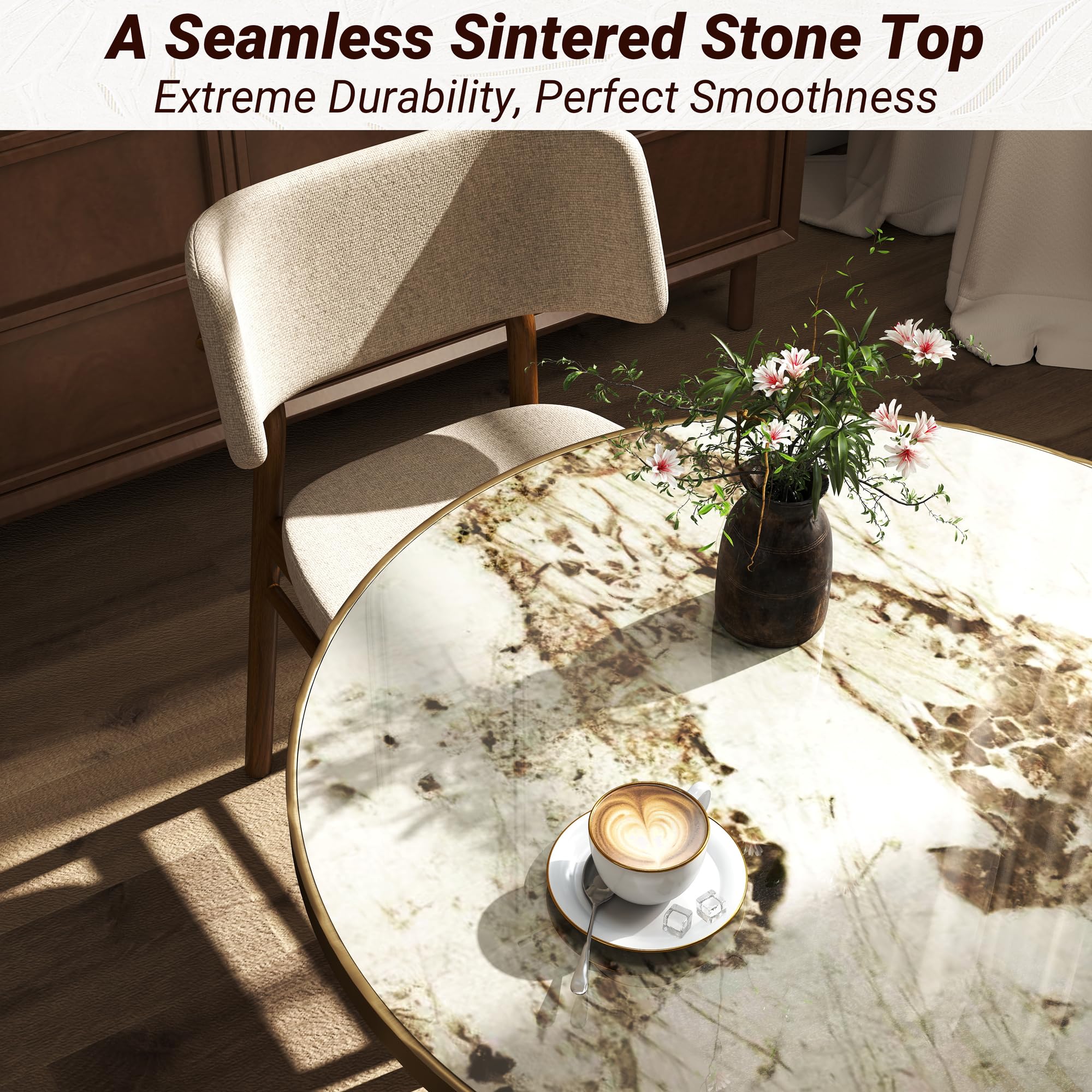 hausway 31.5" Tulip Table,Round Kitchen Dining Table for 2-4 with Thick Sintered Stone Top,Titanium Golden Pedestal Base,Heat-Resistant,Bistro Table for Dining Room,Café,Small Space（Cloud Amber）