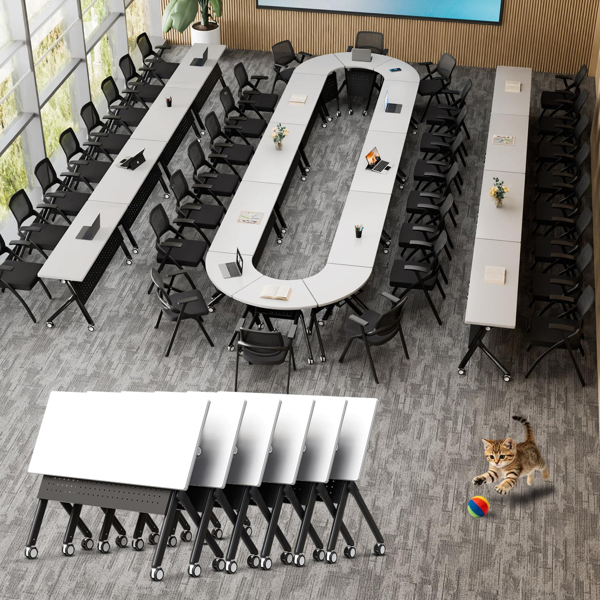 Conference Room Tables White,Folding Rectangular Flip Top Conference Table with Wheels for Large Meeting Seminar Home Office Classr (4, White&Black, 61in)