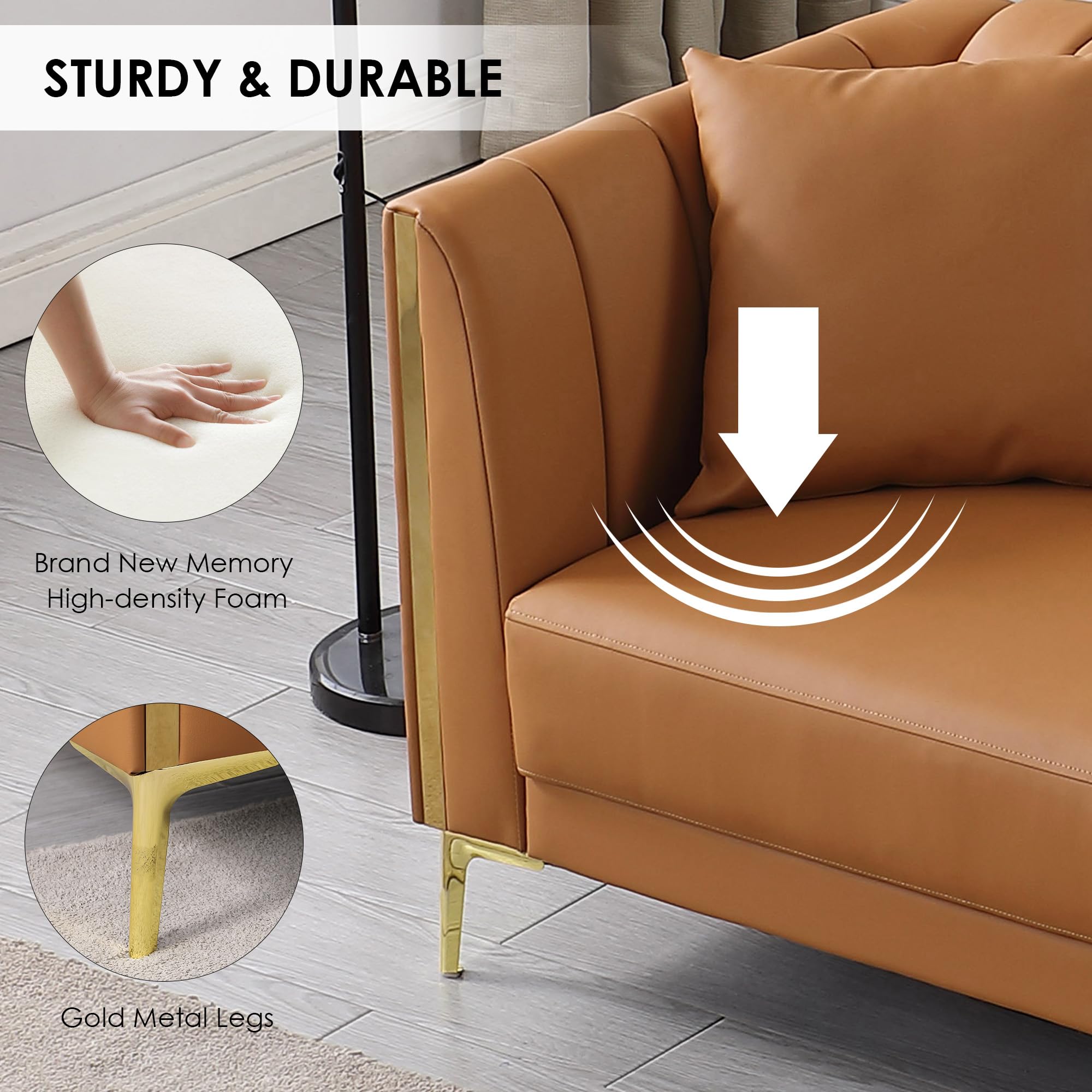 Leather Couch Sofa, Office Couches 78'' Apartment Faux Leather Sofa with 2 Throw Pillows & Gold Metal Legs, Waterproof 3 Seater Couches for Small Living Room, Affordable Luxury Design