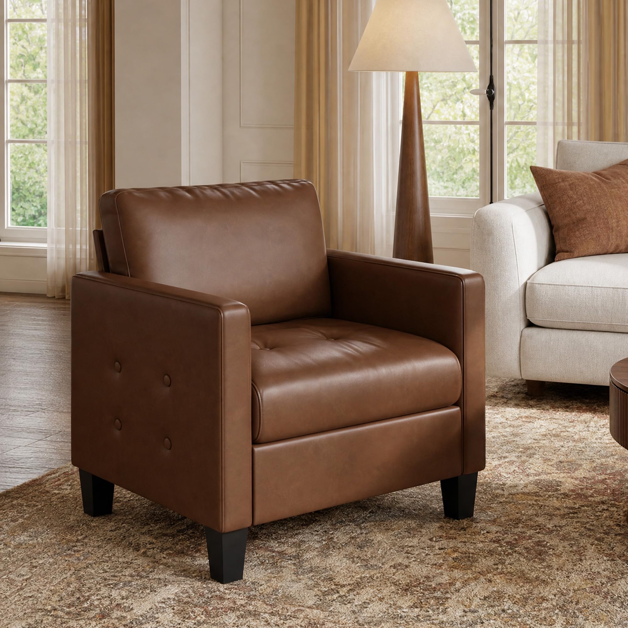 Accent Chair, Brown Leather Chair, Mid-Century Modern Living Room Chairs, Cozy Office Reading Chair with Tufted Seat and Armrest, Reception Armchairs for Bedroom, Waiting Room