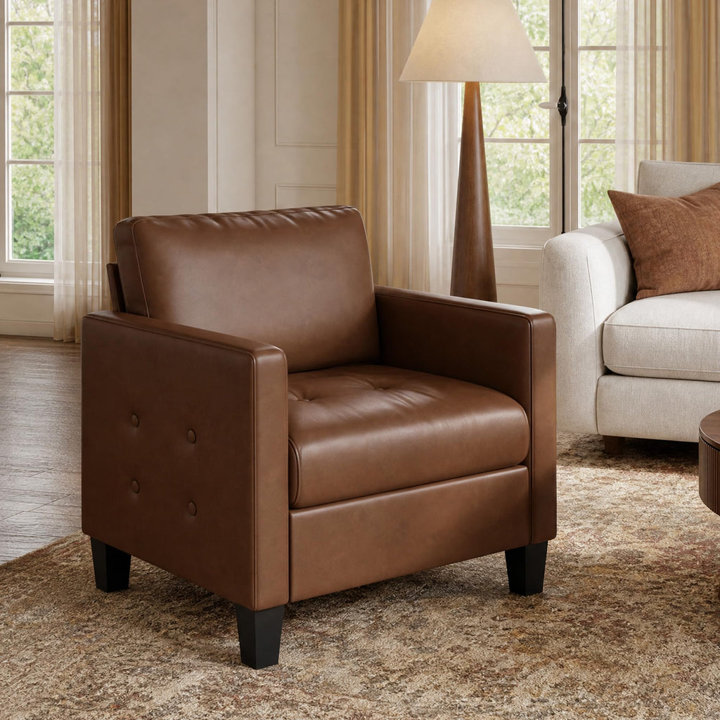 Accent Chairs Set of 2, Brown Faux Leather Chair, Mid-Century Modern Living Room Chairs, Cozy Office Reading Chair with Tufted Armrest and Seat, Armchairs for Waiting Room, Bedroom (2)