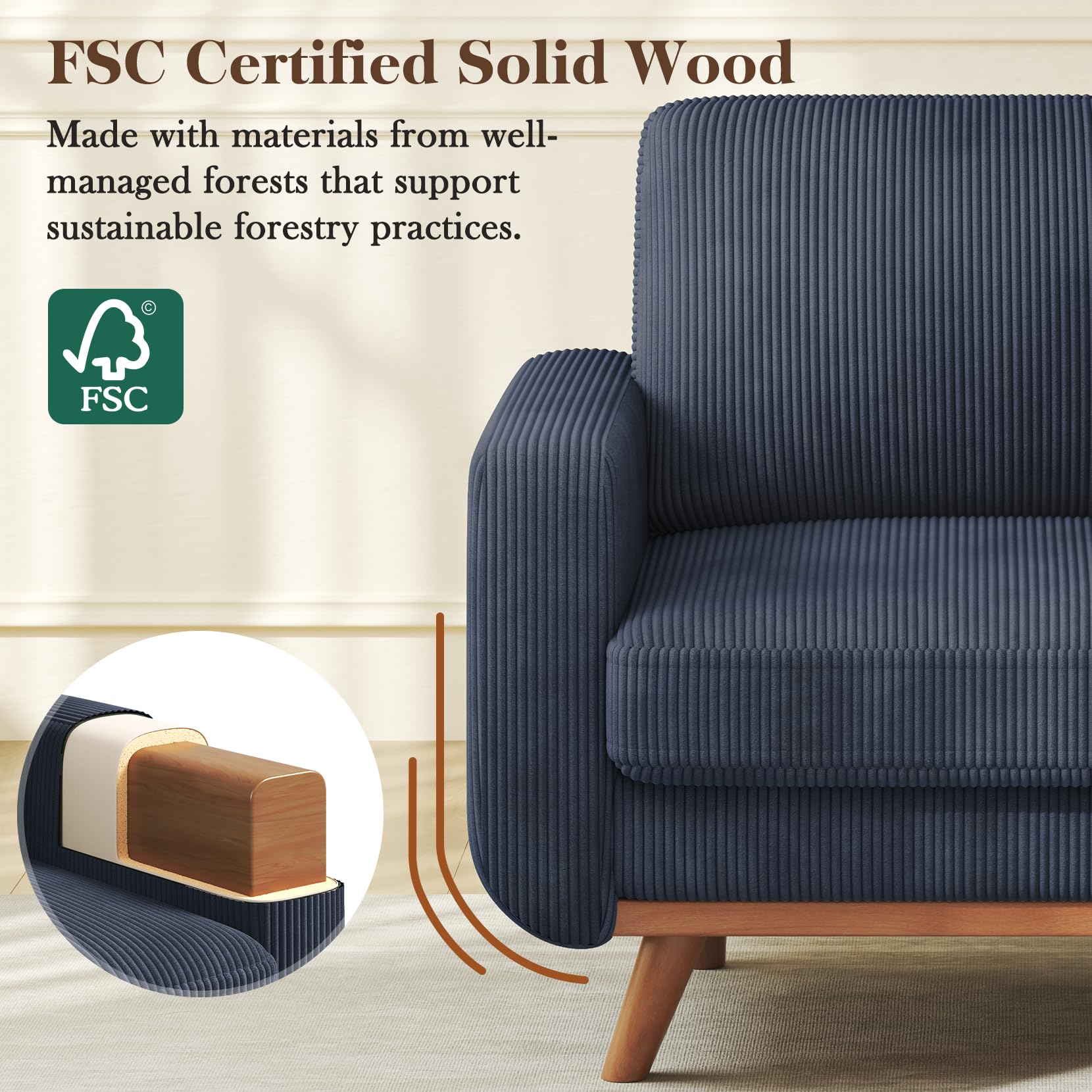 38.5" Accent Chair Dark Blue, Comfy Corduroy Single Sofa Seat with Spring Cushion, Upholstered Armchair with Deep Seat, Reading Chair for Adults, Modern Sofa for Living Room, Bedroom