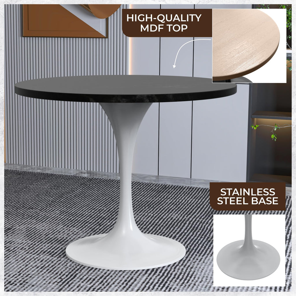 Verve Mid-Century Modern 36 Inch Round Dining Table, MDF Wood Tabletop with White Steel Pedestal Base, Contemporary Kitchen & Dining Room Table, for Small Spaces (Black)