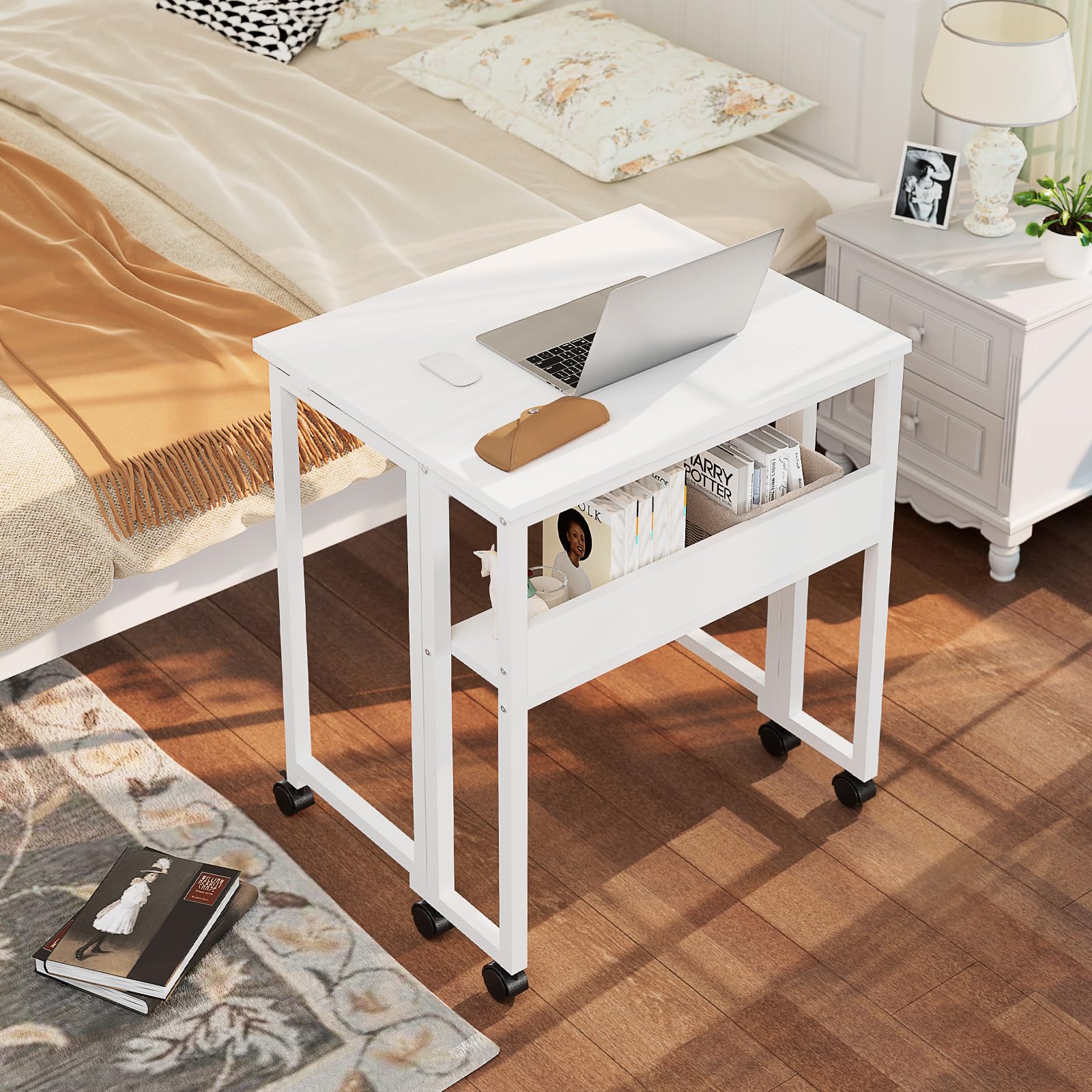 Folding Desk with Wheels, 24.8 Inch Compact Rolling Computer Table with Storage Shelf, Portable Mobile Workstation for Small Spaces, Easy Assembly, Pure White