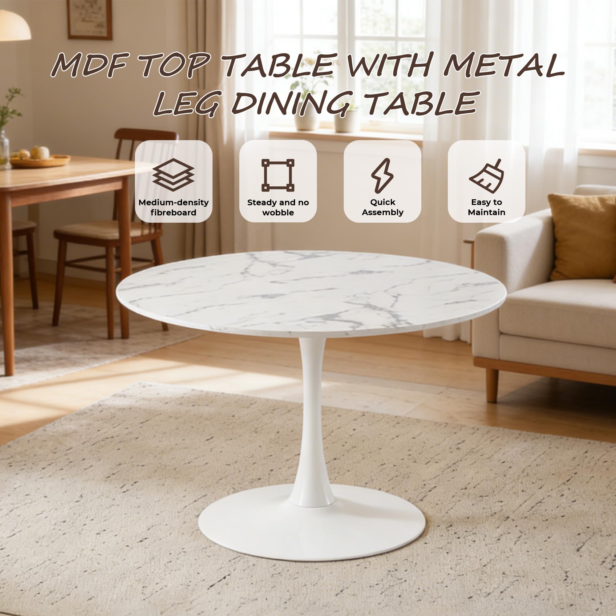Sybrioka 42" Tulip Table for 4-6 Persons Modern Round Dining Table, Mid-Century Modern White Marble Small Kitchen Table with MDF Wooden Top, Leisure Coffee Table for Living Room, Dining Room, Office
