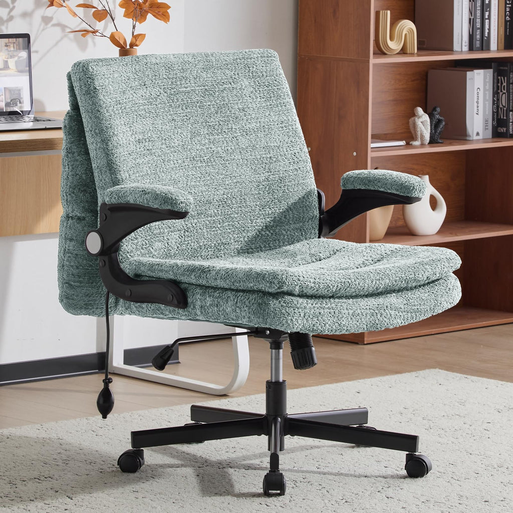Criss Cross Office Chair with 2 in 1 Inflatable Flip-up Back, Ergonomic Wide Seat Desk Chair with Adjustable Arms and Wheels, Cross Legged Office Chair for Home & Office, Light Green
