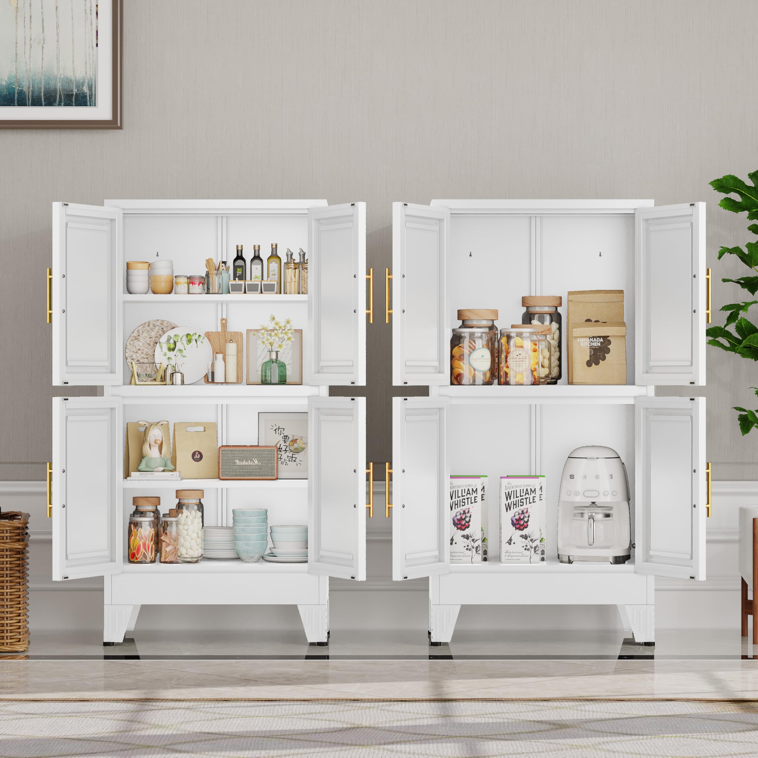 47” White Metal Storage Cabinet, Kitchen Pantry Cabinet