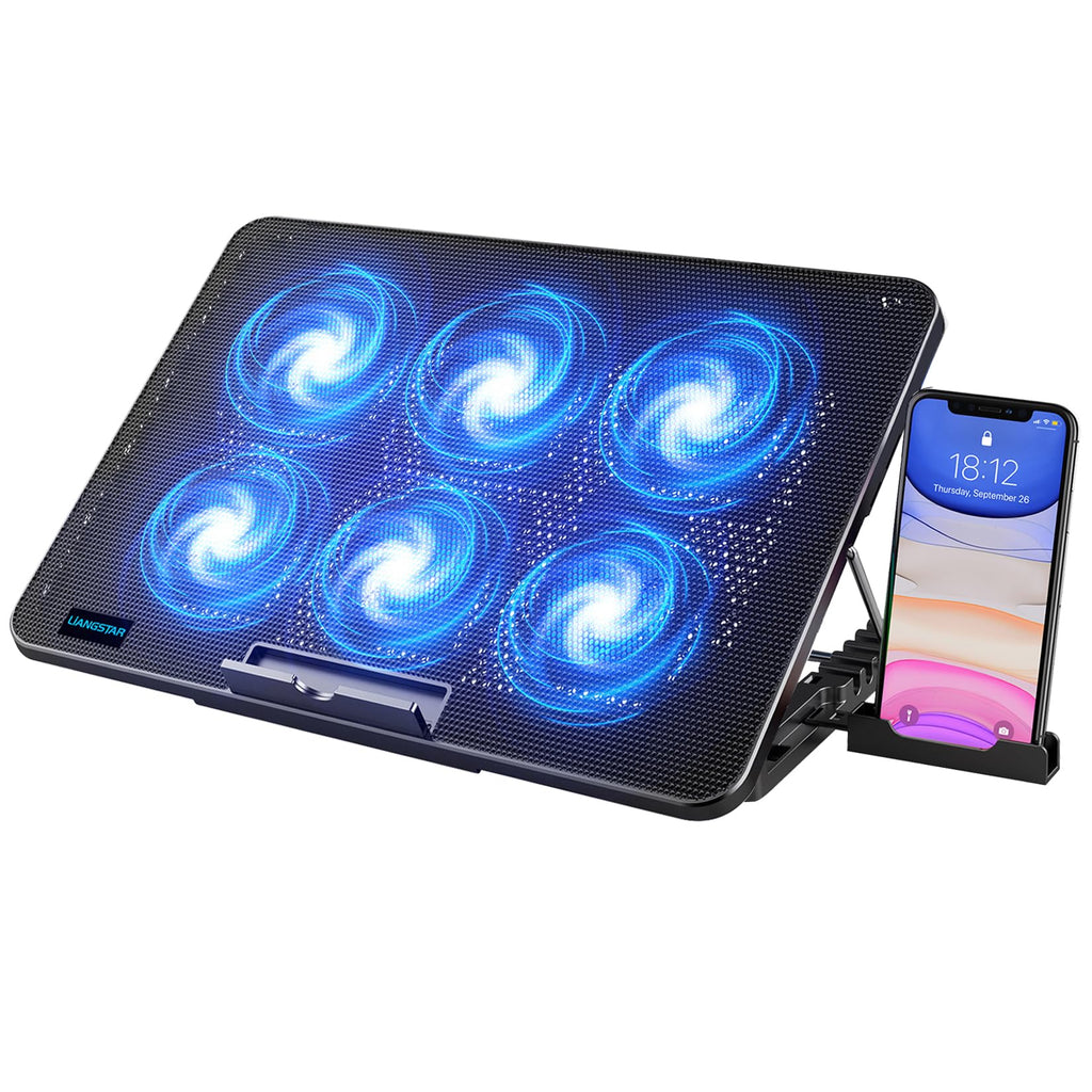 Laptop Cooling Pad, Laptop Cooler with 6 Quiet Fans for 12-17 Inch Notebook Gaming Fan Stable Stand, 7 Height & Wind Speed Adjustable, 2 USB Port & Phone Holder (Black)