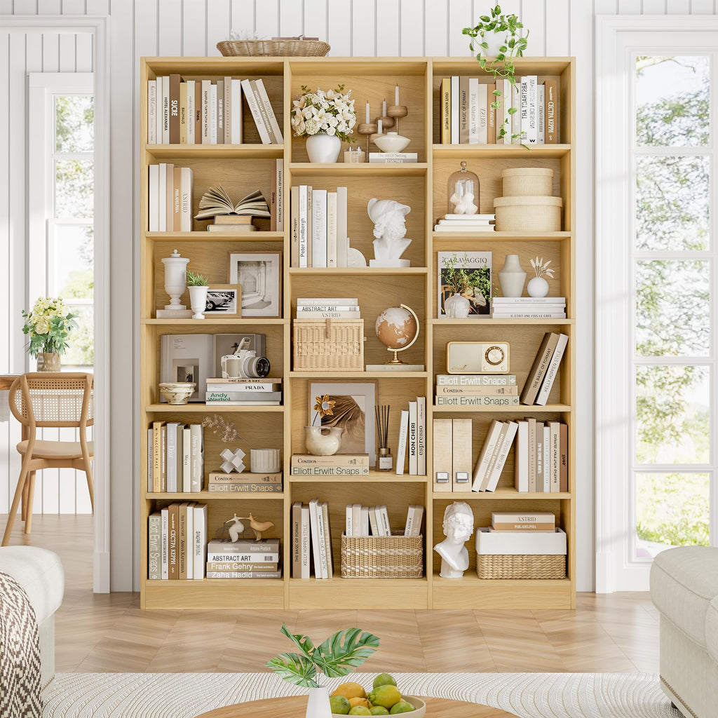 Triple Wide Bookshelf, Large Bookshelf with 17 Display Shelves