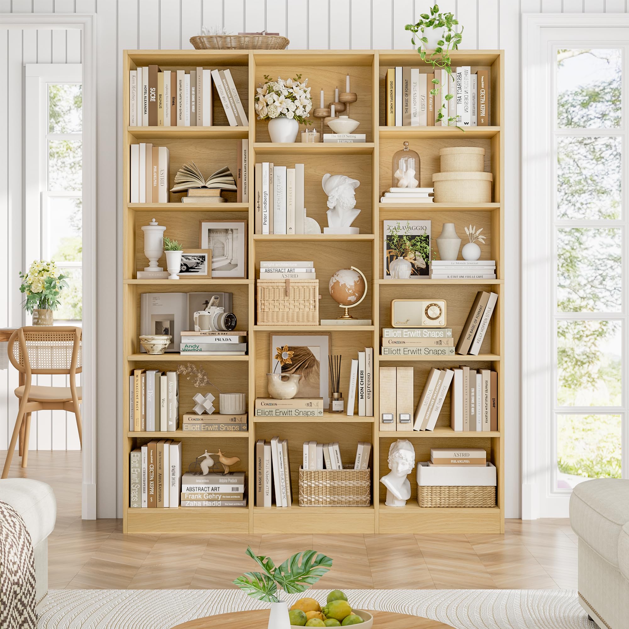 Triple Wide Bookshelf, Large Bookshelf with 17 Display Shelves