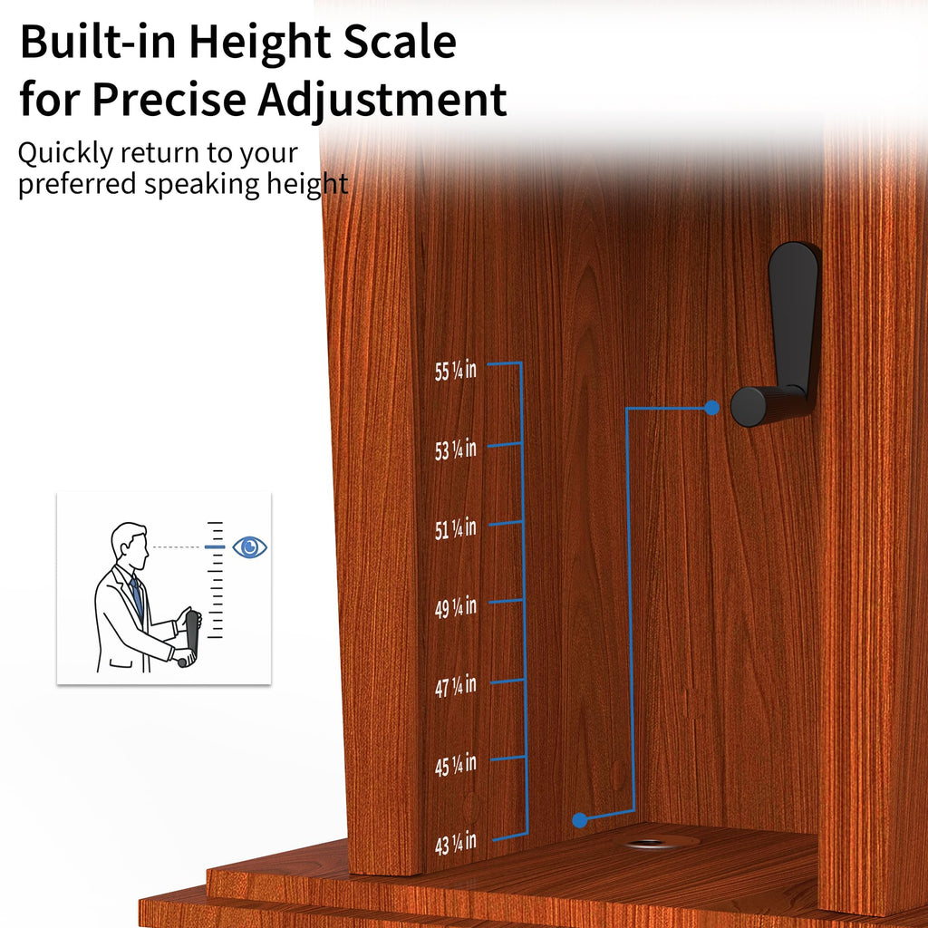 Wooden Podium Stand with Wheels, 41”–54.5” Height Adjustable Lectern, Mobile Podium with Crank Lift, Stable Base & Storage Shelf, Elegant Design for Churches, Classrooms and Conferences
