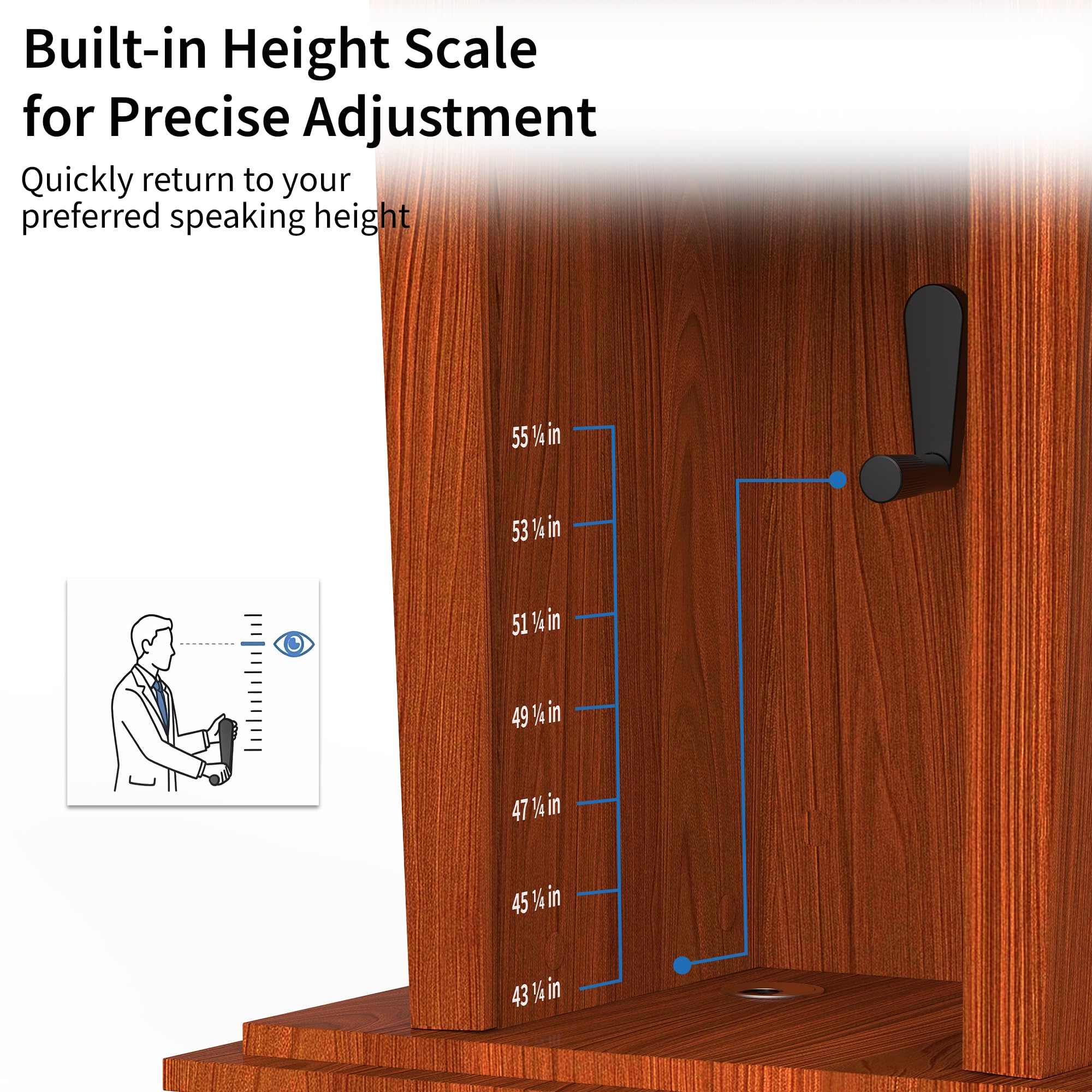 Wooden Podium Stand with Wheels, 41”–54.5” Height Adjustable Lectern, Mobile Podium with Crank Lift, Stable Base & Storage Shelf, Elegant Design for Churches, Classrooms and Conferences