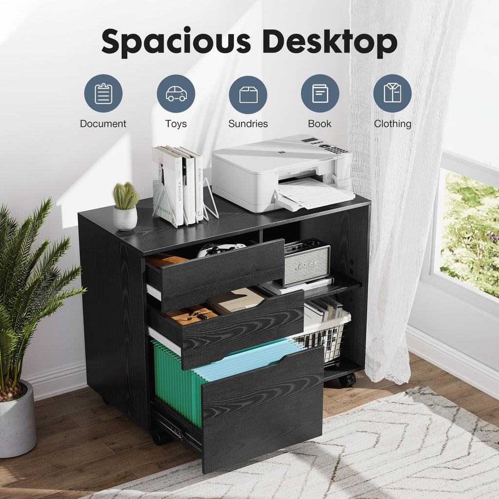 Wood File Cabinet with 3 Drawers, Rolling Printer Stand