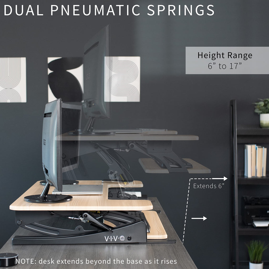 42 inch Height Adjustable Stand Up Desk Converter, V Series, Quick Sit to Stand Tabletop Dual Monitor Riser Workstation, Light Wood Top, Black Frame, DESK-V000VLO