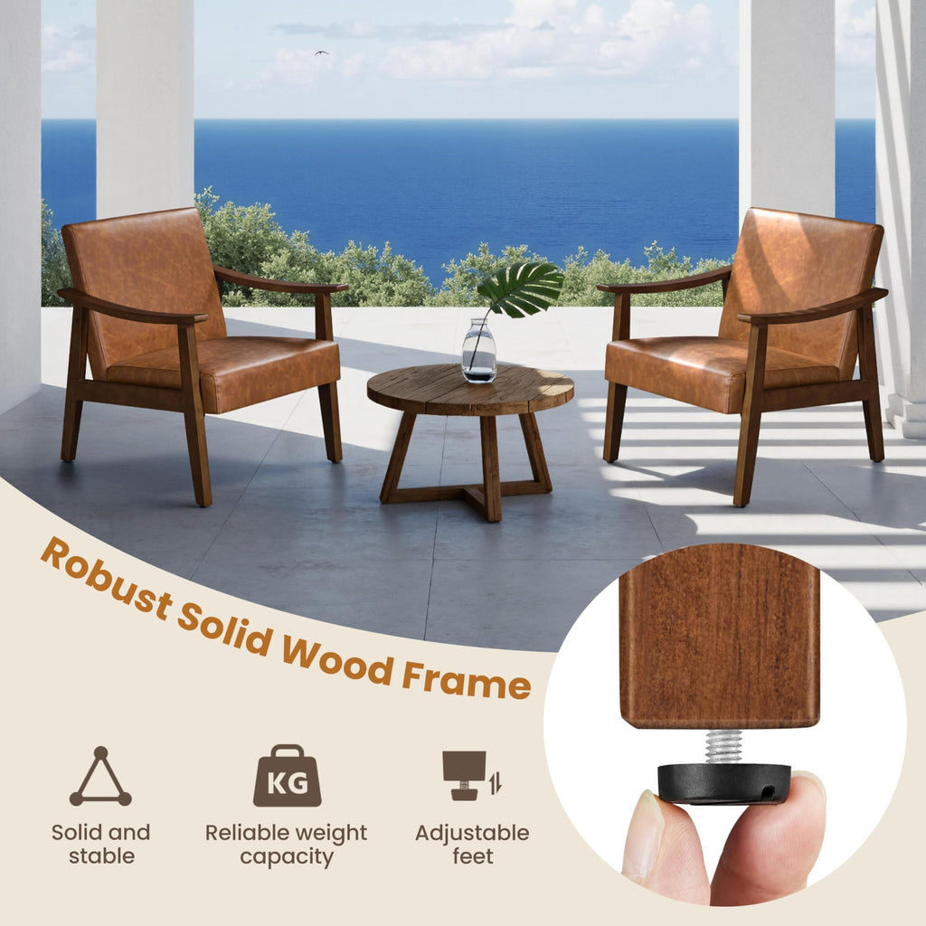 PU Leather Accent Chair, Mid-Century Modern Armchair with Solid Wood Legs, Reading Leisure Chair with High Back for Living Room Bedroom Waiting Room, Brown