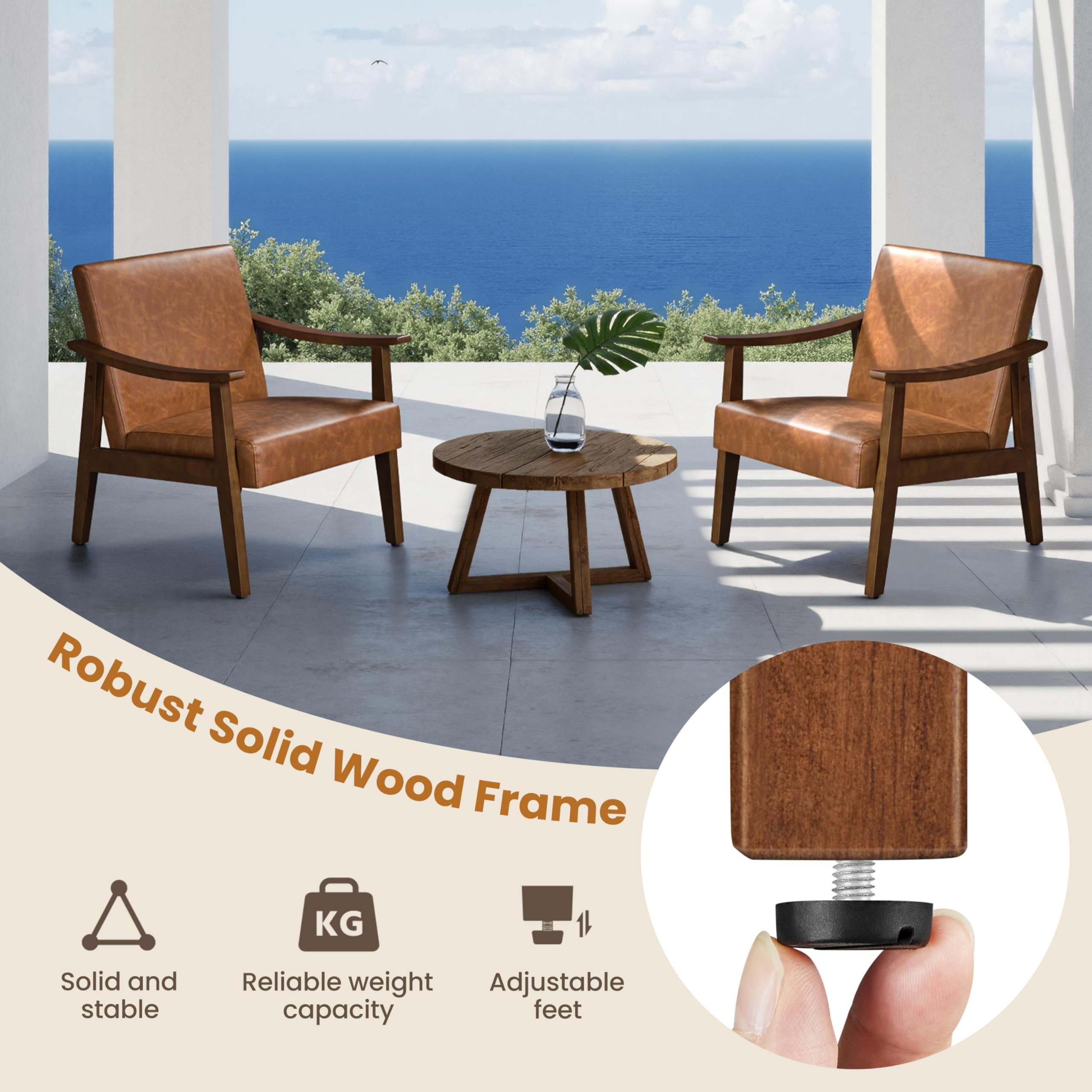 PU Leather Accent Chair, Mid-Century Modern Armchair with Solid Wood Legs, Reading Leisure Chair with High Back for Living Room Bedroom Waiting Room, Brown