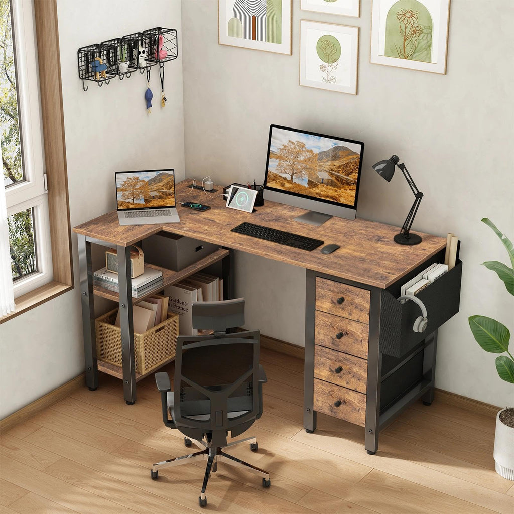 L Shaped Desk with Drawers & Storage Shelves, 47 Inch Small Reversible Corner Desk with Power Outlet for Home Office Bedroom, L-Shaped Gaming PC Computer Desks with Fabric Drawer, Rustic Brown