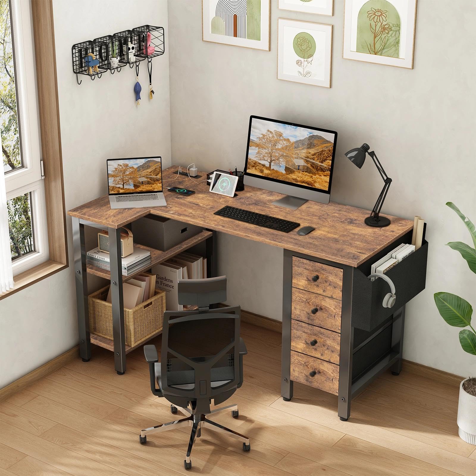 L Shaped Desk with Drawers & Storage Shelves, 47 Inch Small Reversible Corner Desk with Power Outlet for Home Office Bedroom, L-Shaped Gaming PC Computer Desks with Fabric Drawer, Rustic Brown