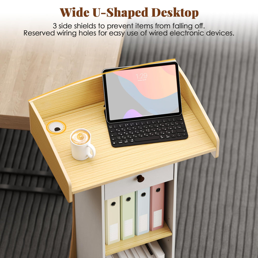 Podium Stand with Metal Wheels Wooden Teacher Lectern Portable Pulpit Standing with Drawer and Adjustable Shelf Mobile Rolling Reception Podiums for Church Office Classroom Lecture Meeting,White+Oak