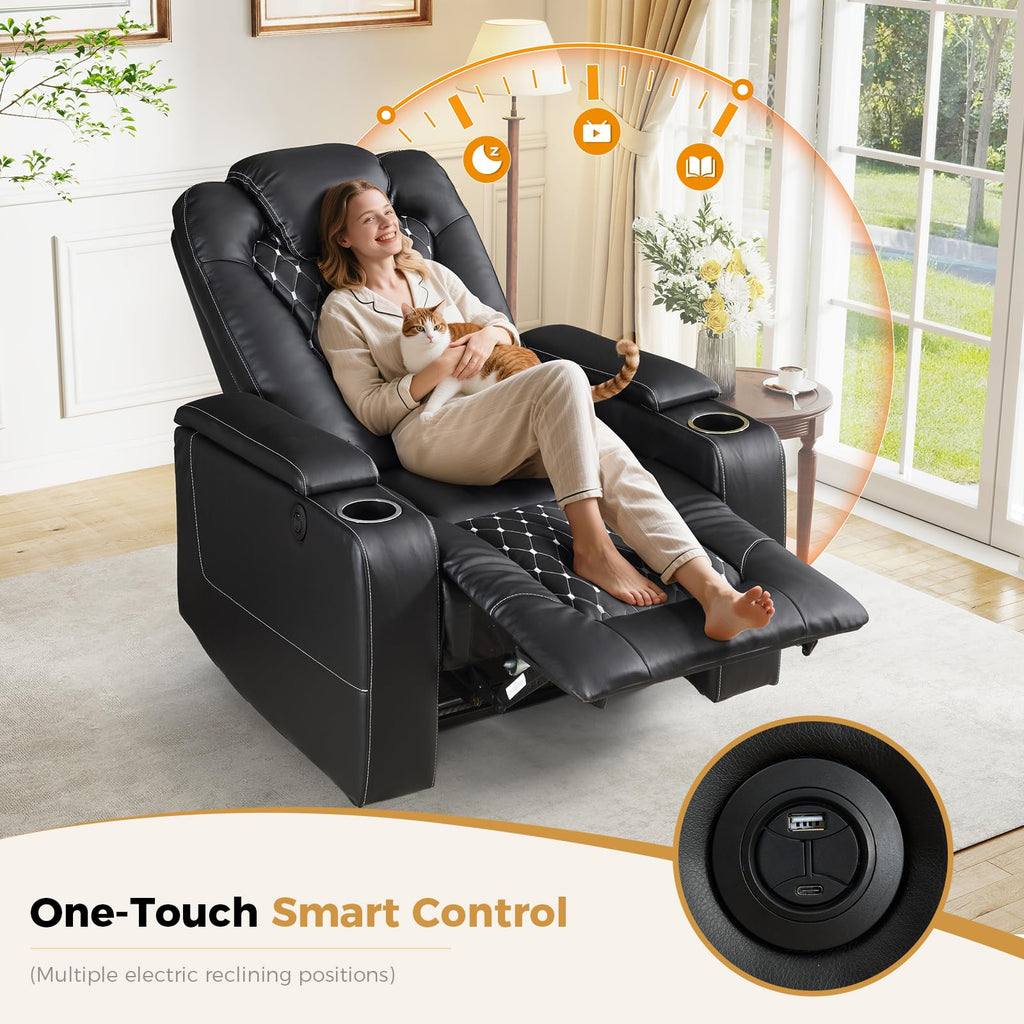 (Set of 2, Black) Power Recliner Chair with USB Ports and Cup Holders - Overstuffed Electric Home Theater Seating PU Leather Reclining Furniture with Hidden Arm Storage, Easy to Clean