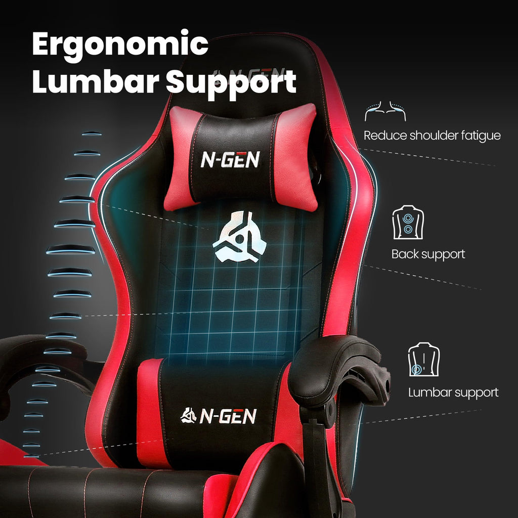 Gaming Chair with Footrest Lumbar Support for Home Office High Back Recliner Height Adjustable Ergonomic Comfy Leather Computer Desk Chair (Red)