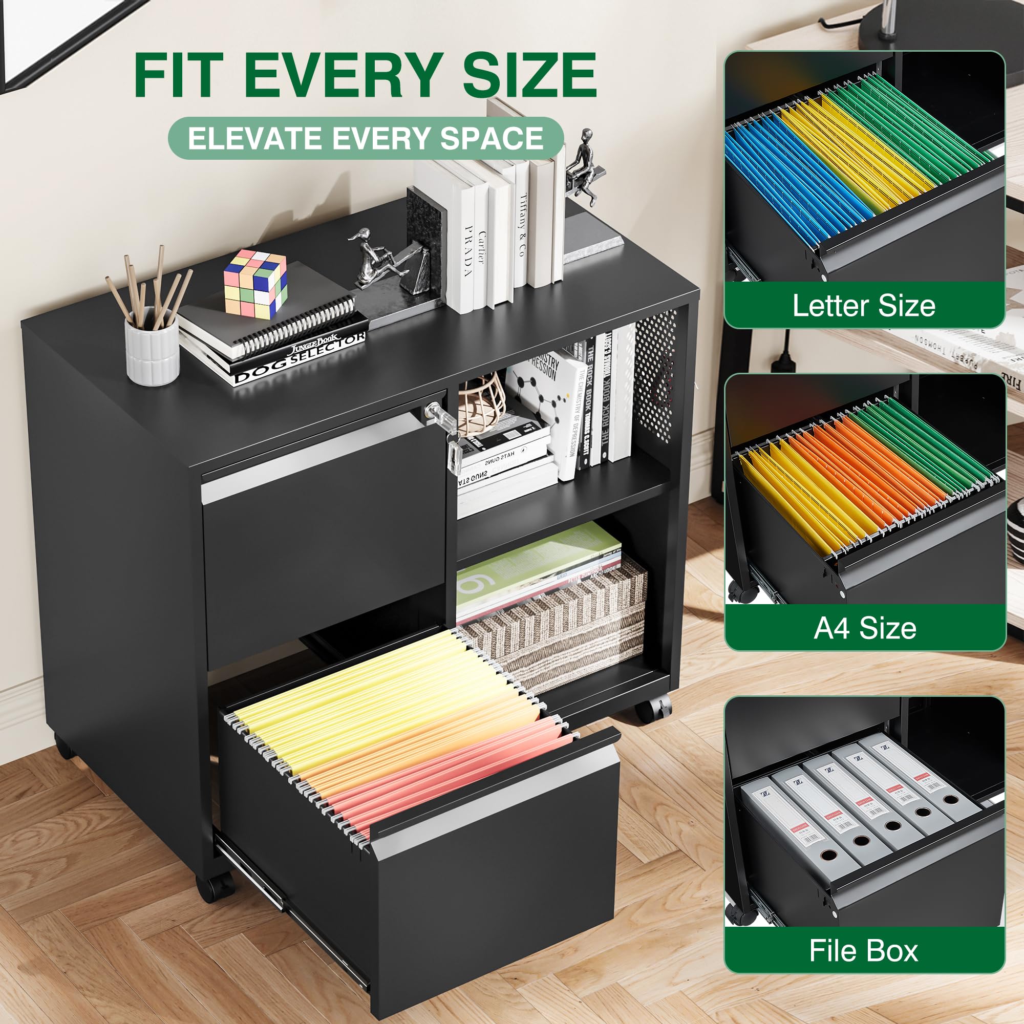 Mobile File Cabinet with Side Hook, 2 Drawer Lateral File Cabinet with Lock fits A4/Letters/Legal Size for Home Office,Metal Rolling Printer Stand with Open Storage Adjustable Shelves(Black)