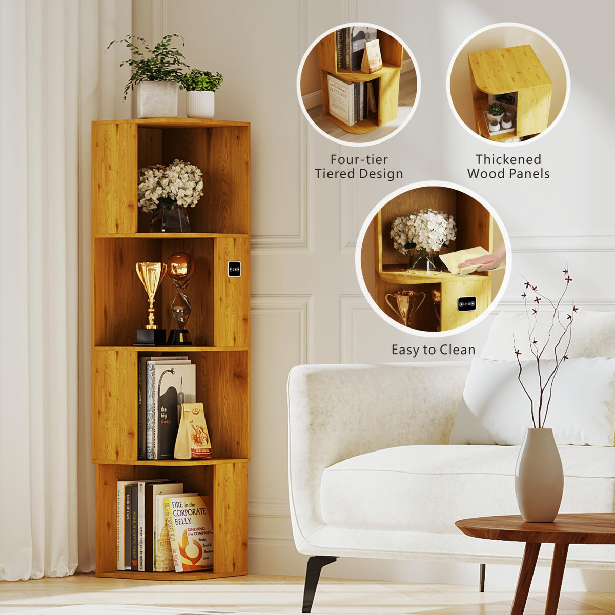 Corner Bookcase with 4 Shelves and 3-Color LED Sensor Lights - Wood