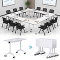 55″ Flip Top Training Table with Lockable Wheels, Mobile Nesting Folding Conference Table, Space Saving Seminar Desk for Classroom, Office, Library (4, White, 55"×20"×30")