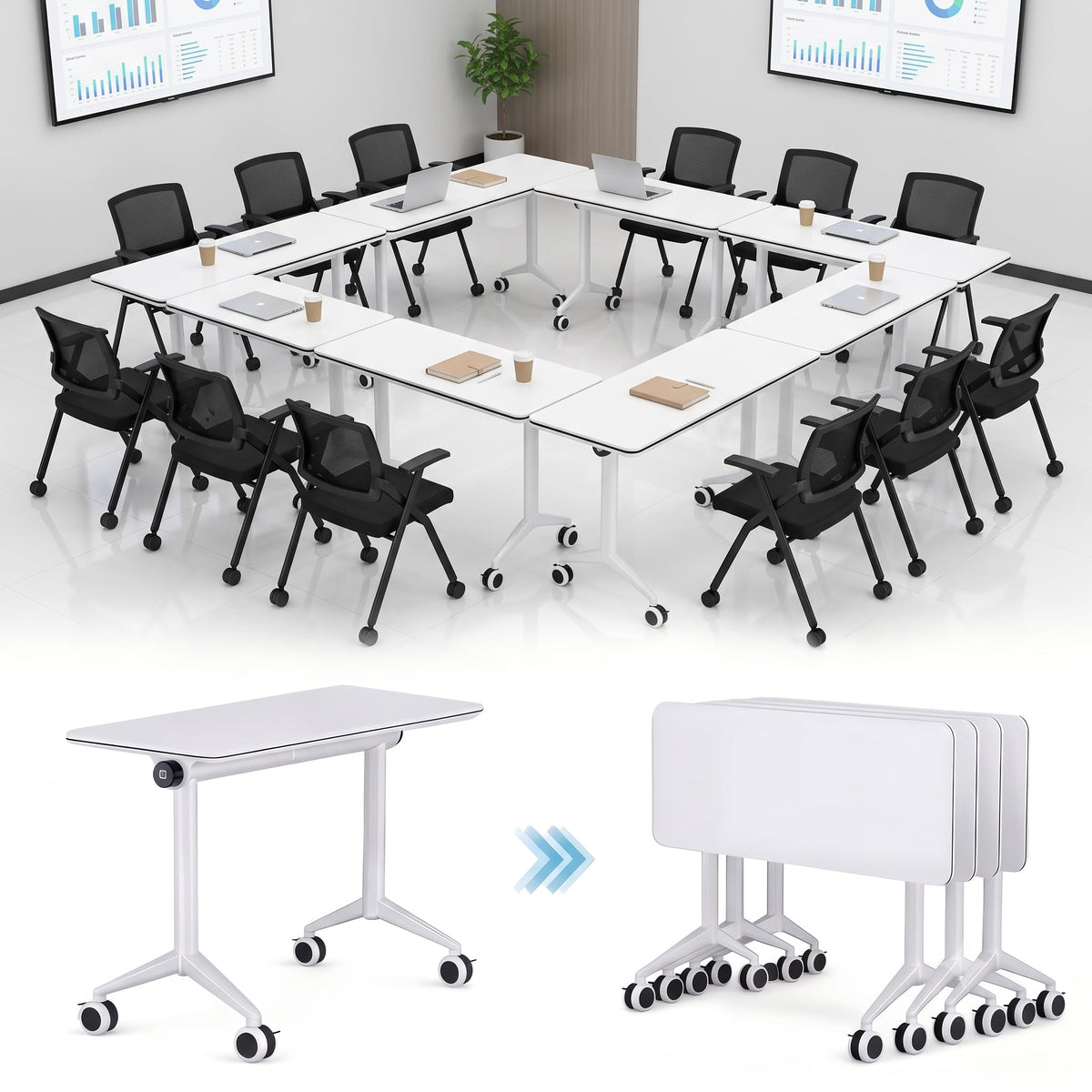 55″ Flip Top Training Table with Lockable Wheels, Mobile Nesting Folding Conference Table, Space Saving Seminar Desk for Classroom, Office, Library (6, White, 55"×20"×30")