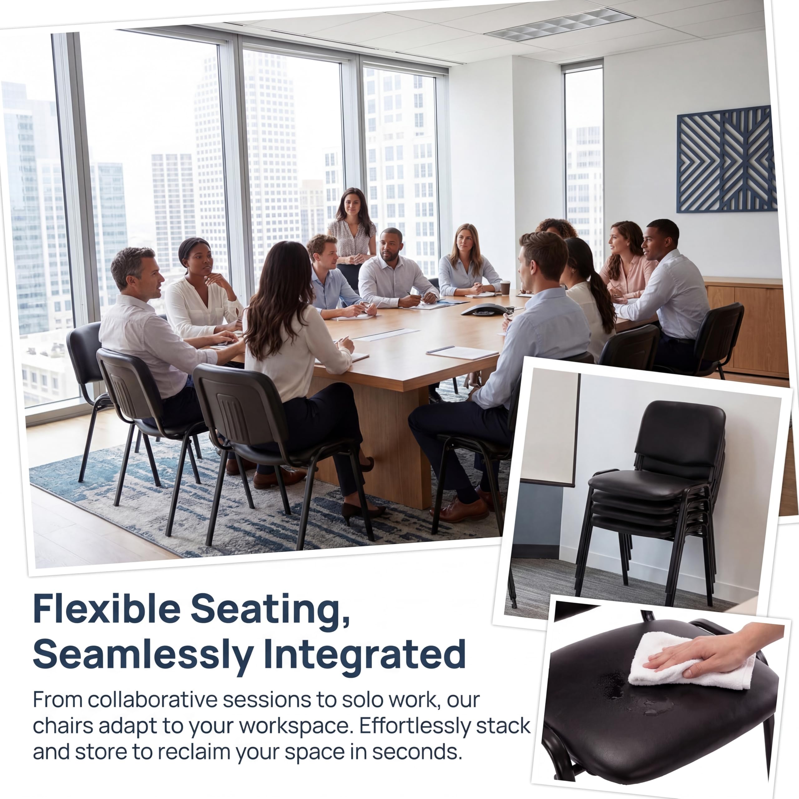 Set of 5, Black PU Leather, Stackable Office Guest Chairs, Reception Waiting Room Chairs with Padded Seat & Back, Armless No Wheels Conference Chairs for Office Meeting Lobby