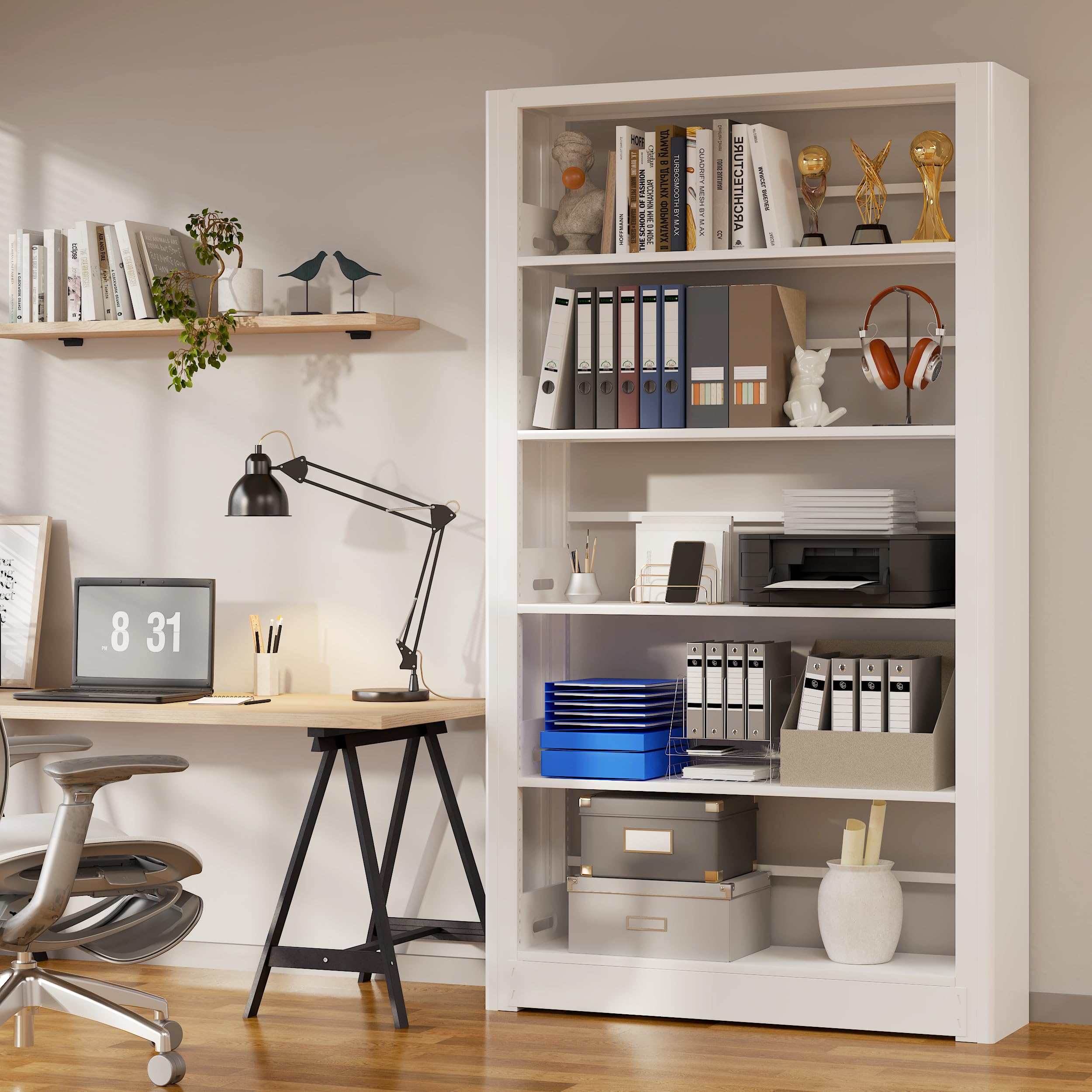 Metal White Bookshelf, 69" Tall Bookshelf with Adjustable Shelves, 5 Shelf Bookcase, Large Bookshelves and Bookcases, Book Shelf Organizer for Home Office, Library, Bedroom, Living Room