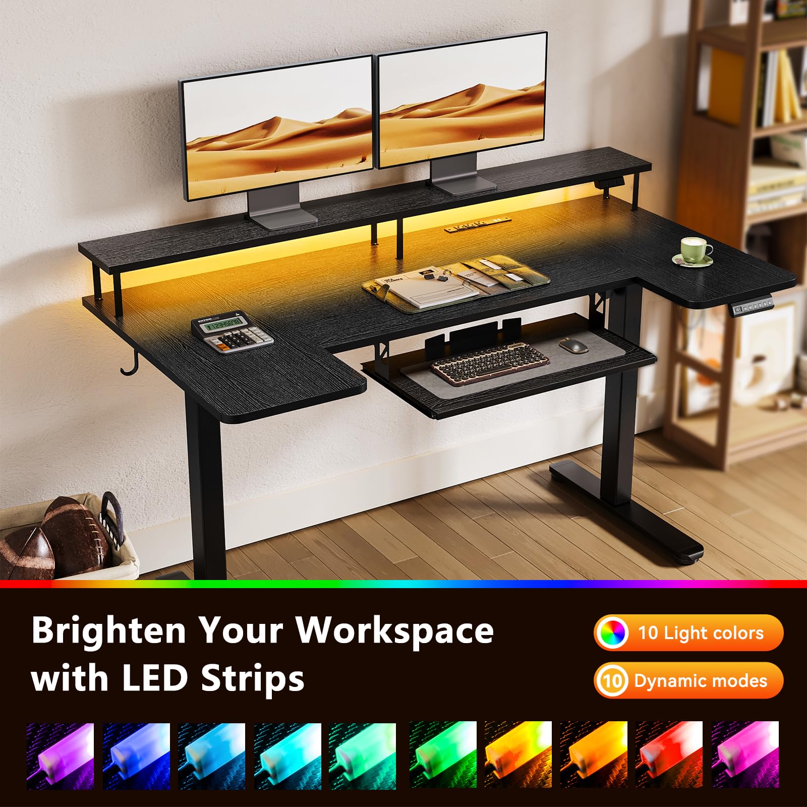 U Shaped Electric Standing Desk with Keyboard Tray, 55 Inch Height Adjustable Desk with Power Outlets & LED Lights, Sit Stand Table with Monitor Stand for Home, Office, Black